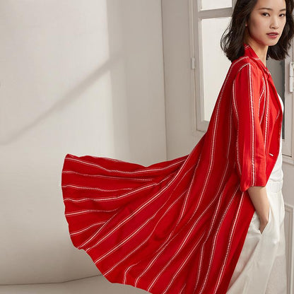 Plus Size Spring Stripe Cardigan Red Trench Coat