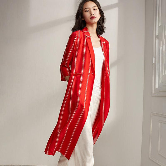 Plus Size Spring Stripe Cardigan Red Trench Coat