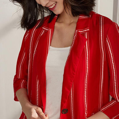 Plus Size Spring Stripe Cardigan Red Trench Coat