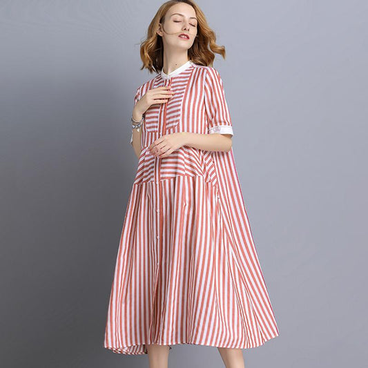Plus Size Stripe Tencel Short Sleeve Shirt Dress