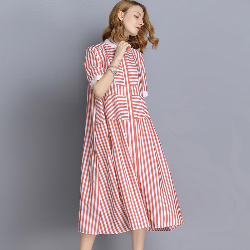 Plus Size Stripe Tencel Short Sleeve Shirt Dress
