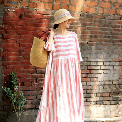 Plus Size Stripes Spliced Round Collar Dress