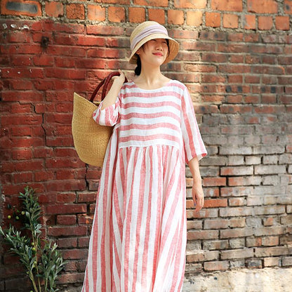 Plus Size Stripes Spliced Round Collar Dress