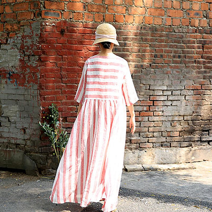 Plus Size Stripes Spliced Round Collar Dress