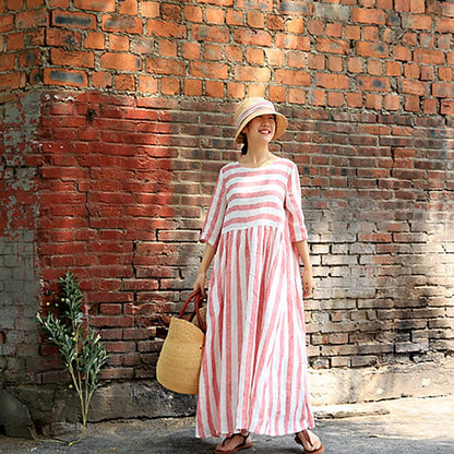 Plus Size Stripes Spliced Round Collar Dress