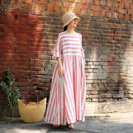 Plus Size Stripes Spliced Round Collar Dress