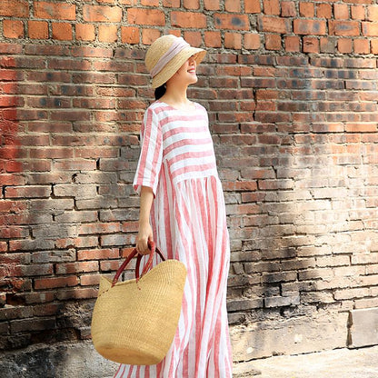 Plus Size Stripes Spliced Round Collar Dress