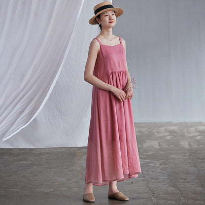 Plus Size Summer Solid Color Pure Ramie Slip Dress