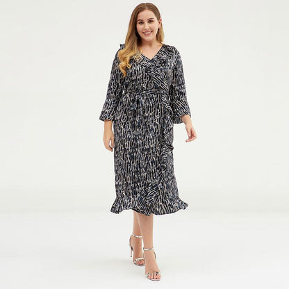 Plus Size V-Neck Ruffled Printed Chiffon Dress