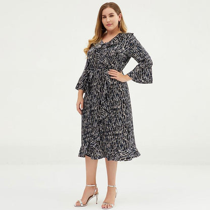 Plus Size V-Neck Ruffled Printed Chiffon Dress