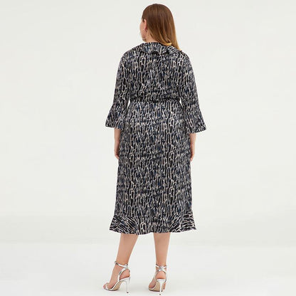 Plus Size V-Neck Ruffled Printed Chiffon Dress