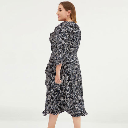 Plus Size V-Neck Ruffled Printed Chiffon Dress