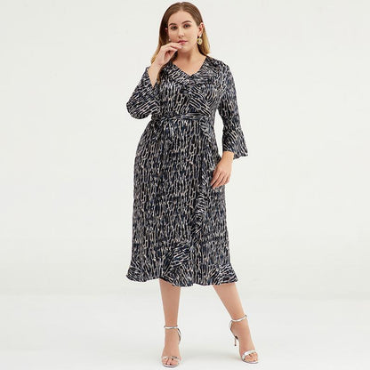 Plus Size V-Neck Ruffled Printed Chiffon Dress
