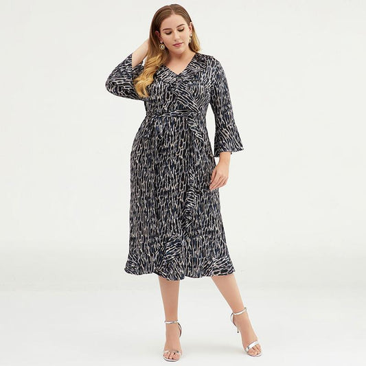 Plus Size V-Neck Ruffled Printed Chiffon Dress