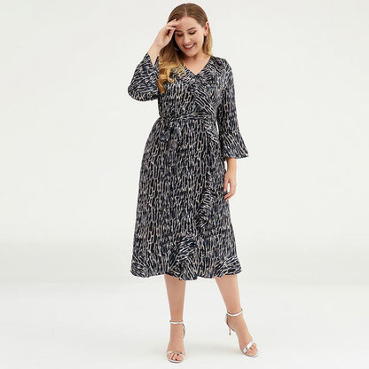 Plus Size V-Neck Ruffled Printed Chiffon Dress