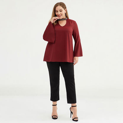 Plus Size Women 3/4 Bell Sleeve Cut-out Choker Top