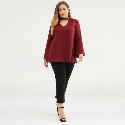 Plus Size Women 3/4 Bell Sleeve Cut-out Choker Top