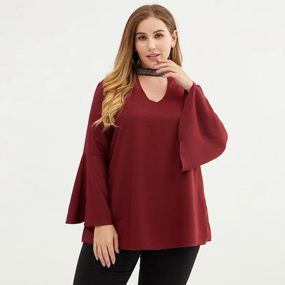 Plus Size Women 3/4 Bell Sleeve Cut-out Choker Top