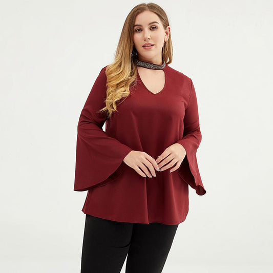 Plus Size Women 3/4 Bell Sleeve Cut-out Choker Top