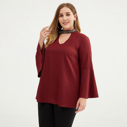 Plus Size Women 3/4 Bell Sleeve Cut-out Choker Top