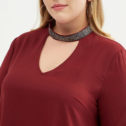Plus Size Women 3/4 Bell Sleeve Cut-out Choker Top