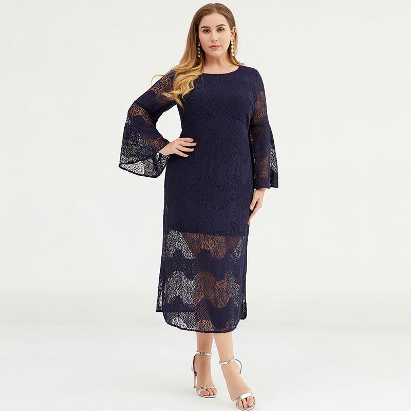 Plus Size Women Bell Sleeve Lace Sheath Dress