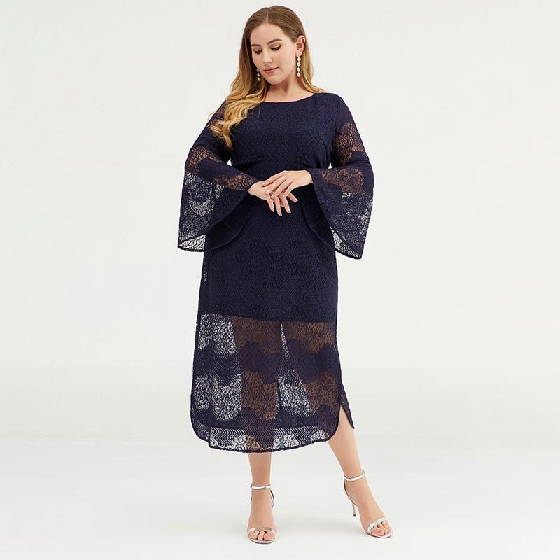 Plus Size Women Bell Sleeve Lace Sheath Dress