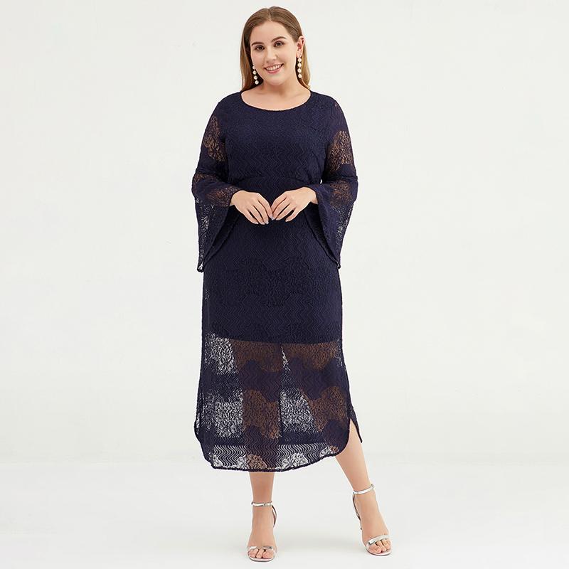 Plus Size Women Bell Sleeve Lace Sheath Dress