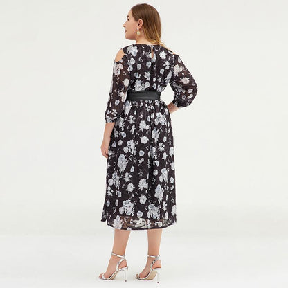 Plus Size Women Cold Shoulder Floral Chiffon Maxi Dress
