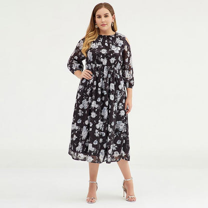 Plus Size Women Cold Shoulder Floral Chiffon Maxi Dress