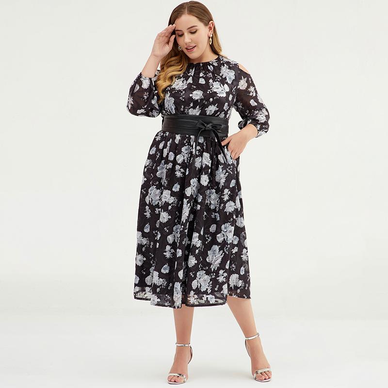 Plus Size Women Cold Shoulder Floral Chiffon Maxi Dress