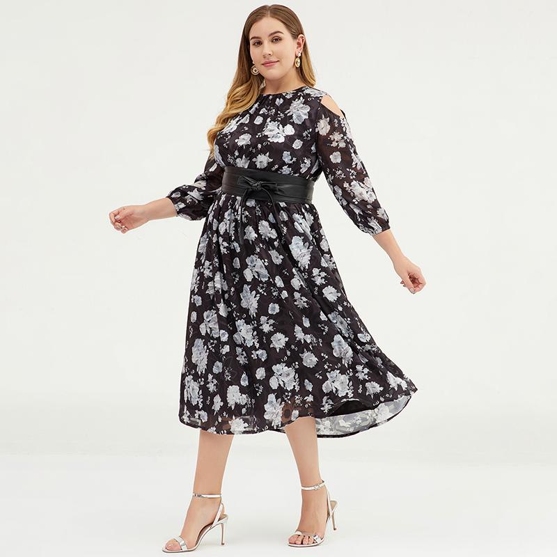 Plus Size Women Cold Shoulder Floral Chiffon Maxi Dress