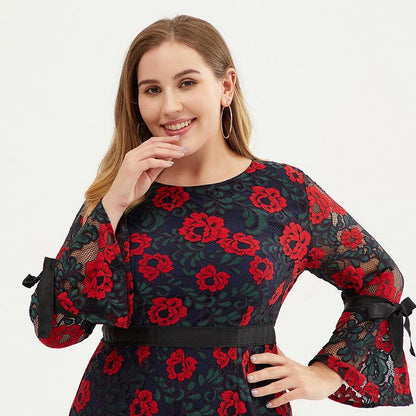 Plus Size Women Floral Bell-sleeve Evening Party Dress