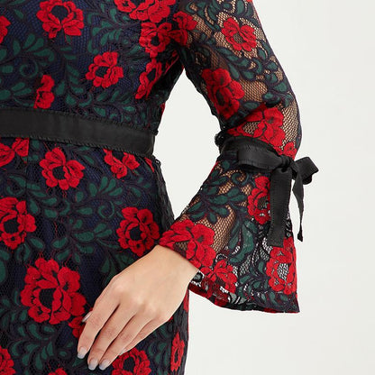 Plus Size Women Floral Bell-sleeve Evening Party Dress