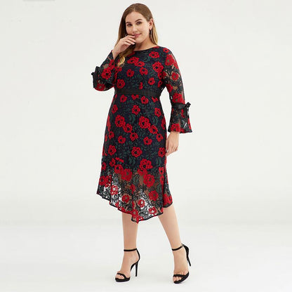 Plus Size Women Floral Bell-sleeve Evening Party Dress