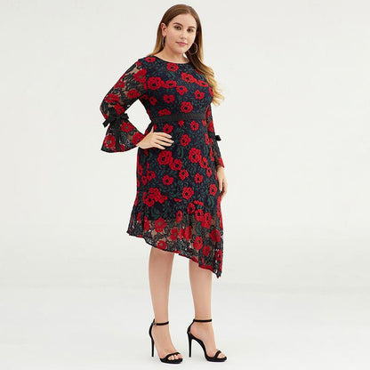 Plus Size Women Floral Bell-sleeve Evening Party Dress