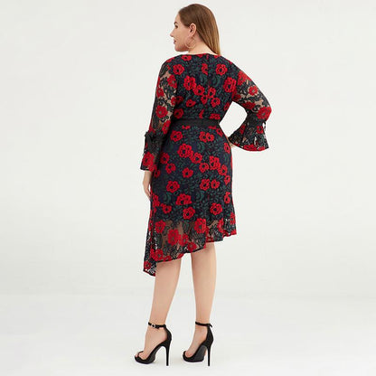 Plus Size Women Floral Bell-sleeve Evening Party Dress