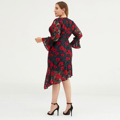 Plus Size Women Floral Bell-sleeve Evening Party Dress