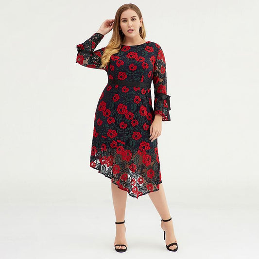 Plus Size Women Floral Bell-sleeve Evening Party Dress