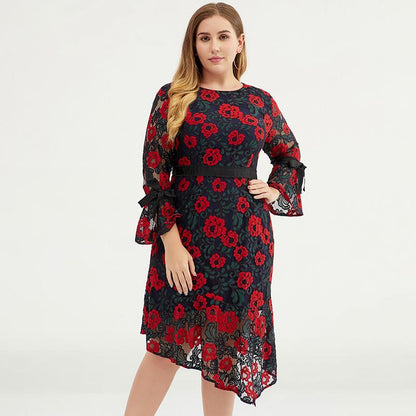 Plus Size Women Floral Bell-sleeve Evening Party Dress