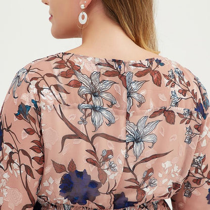 Plus Size Women Floral Chiffon Midi Maxi Dress With Belt