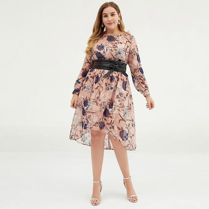 Plus Size Women Floral Chiffon Midi Maxi Dress With Belt