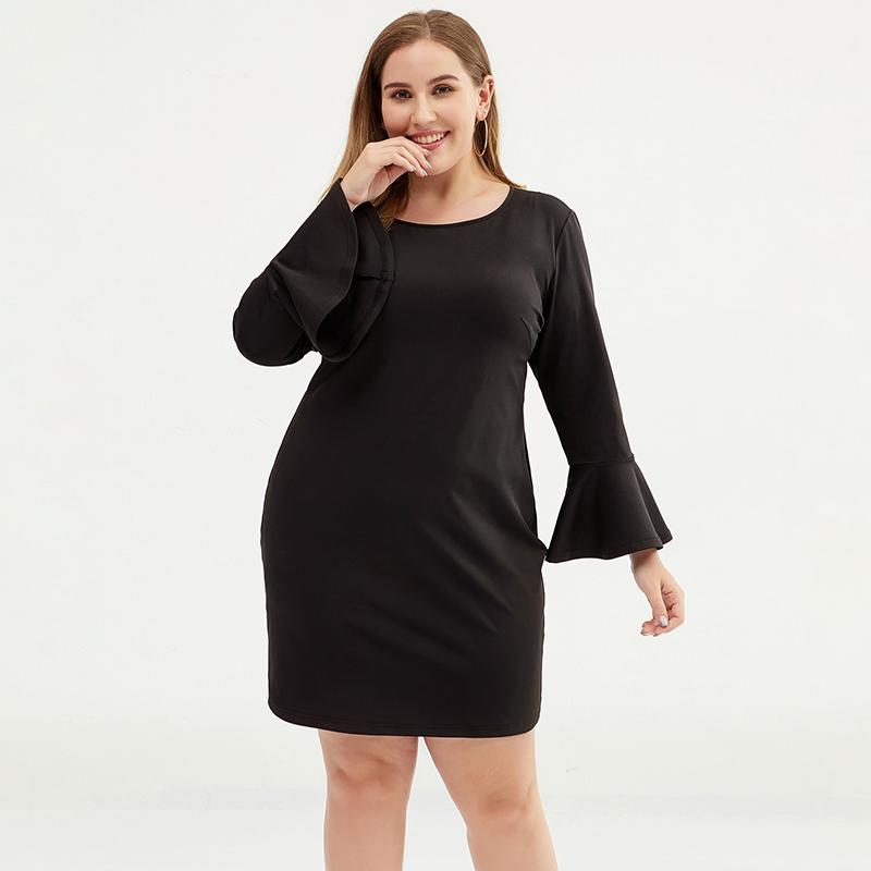 Plus Size Women Little Bell Sleeve Black Sheath Dress