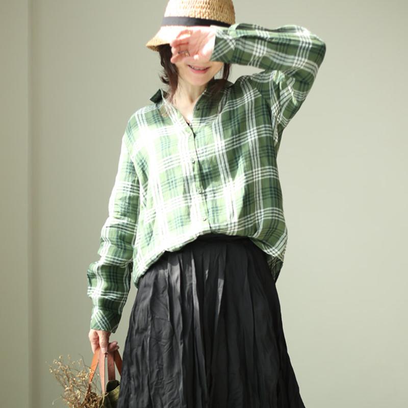 Plus Size Women Plaid Casual Linen Green Shirt