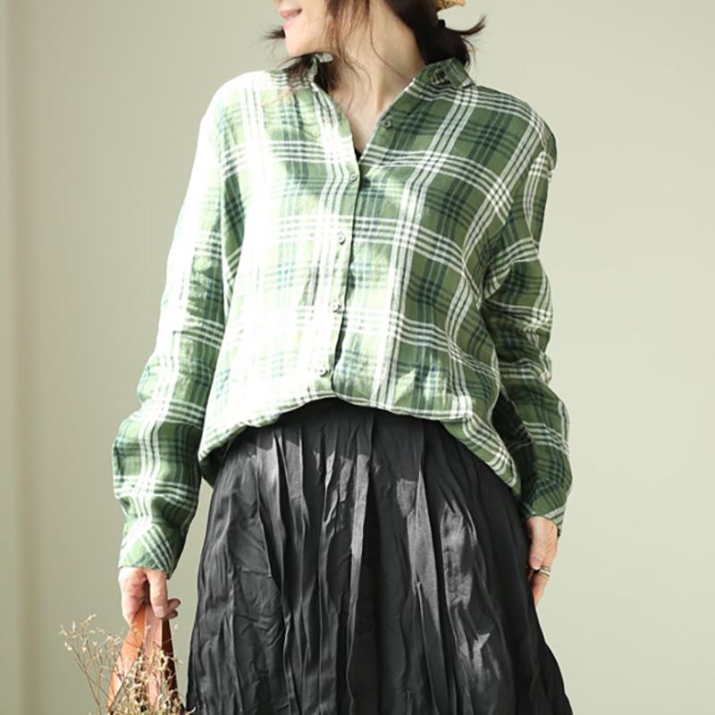 Plus Size Women Plaid Casual Linen Green Shirt