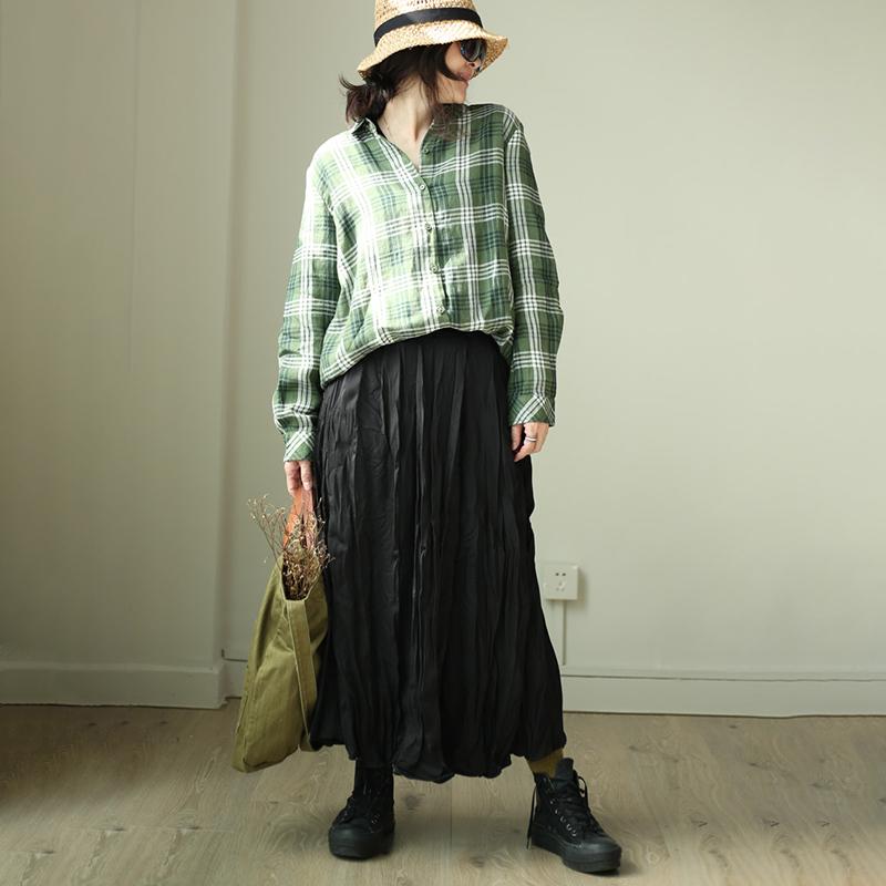 Plus Size Women Plaid Casual Linen Green Shirt