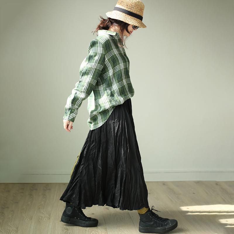 Plus Size Women Plaid Casual Linen Green Shirt