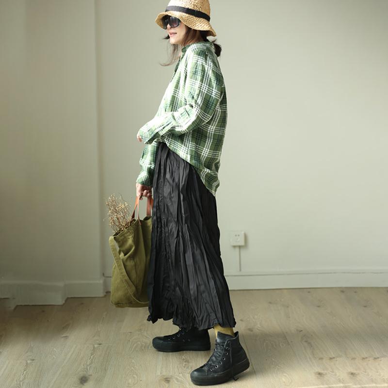 Plus Size Women Plaid Casual Linen Green Shirt