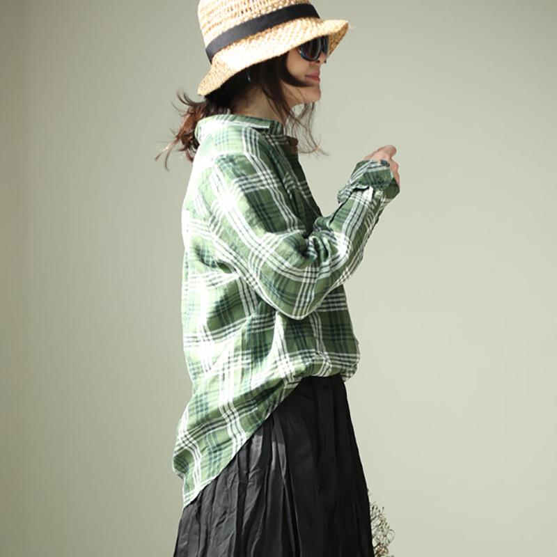 Plus Size Women Plaid Casual Linen Green Shirt