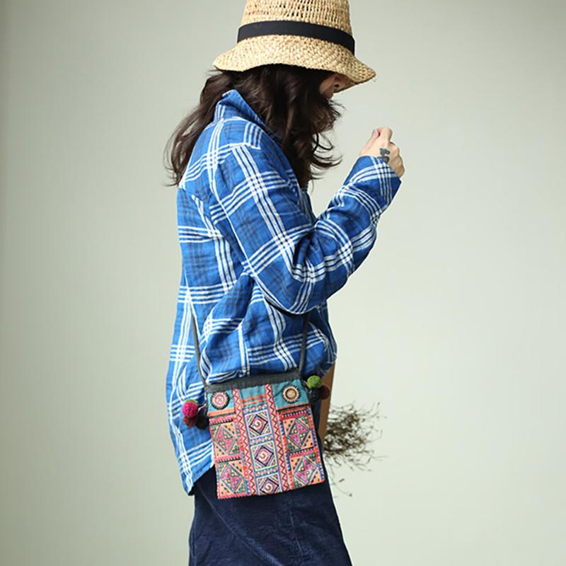 Plus Size Women Plaid Preppy Style Blue Shirt